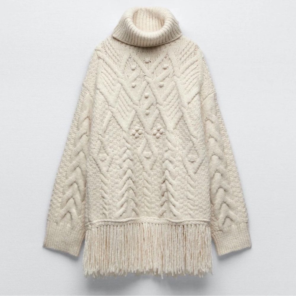 Zara Cream Cable Knit Turtleneck Sweater. L - Picture 6 of 11